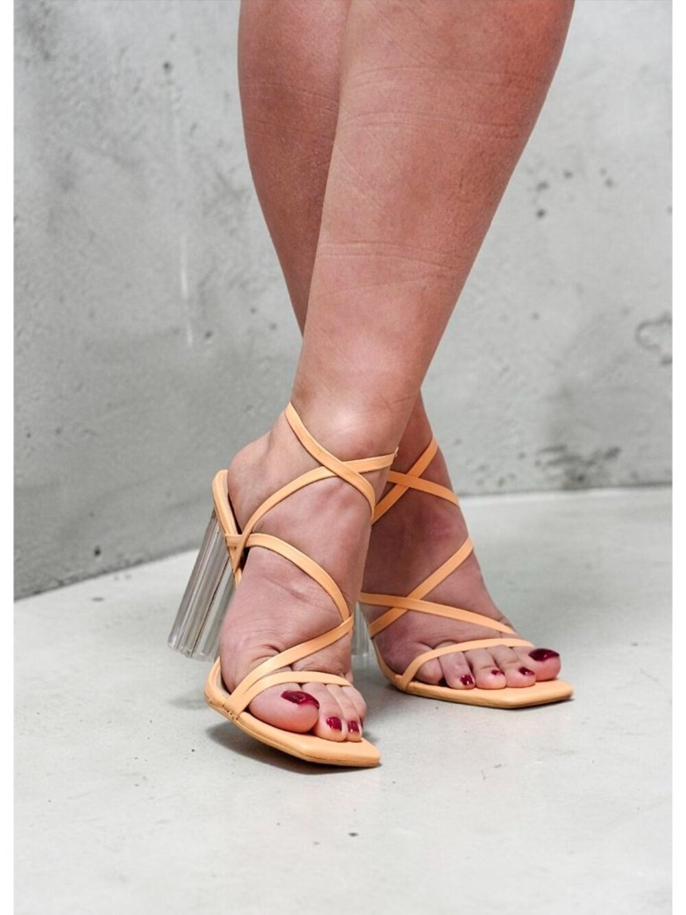 Peach Strappy Heeled Sandals With Clear Block Heel - Womens Trendy Open-Toe Desi